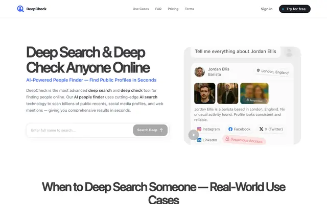 Screenshot of DeepCheck — Find public profiles in seconds