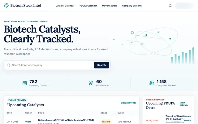 Screenshot of Biotech Stock Intel — Biotech Catalysts, Clearly Tracked