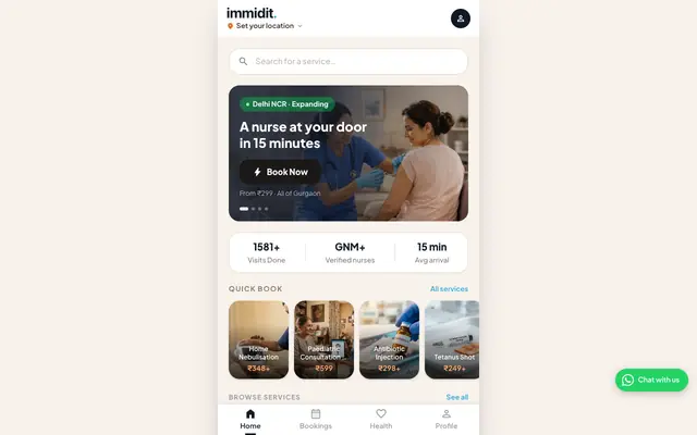 Screenshot of immidit — Nurse at Home in Gurgaon | Care. Immediately.