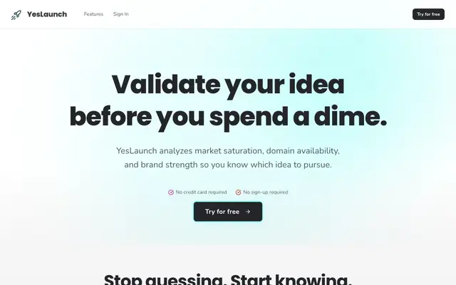 Screenshot of YesLaunch | Validate Your Idea Before You Spend
