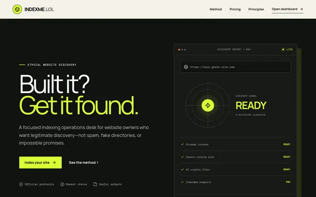 Screenshot of IndexMe.lol — Build it. Get it found.