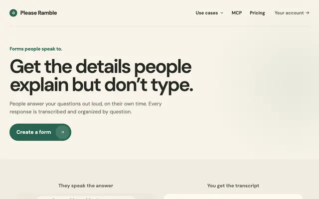 Screenshot of Please Ramble | Voice questionnaires for the answers forms miss