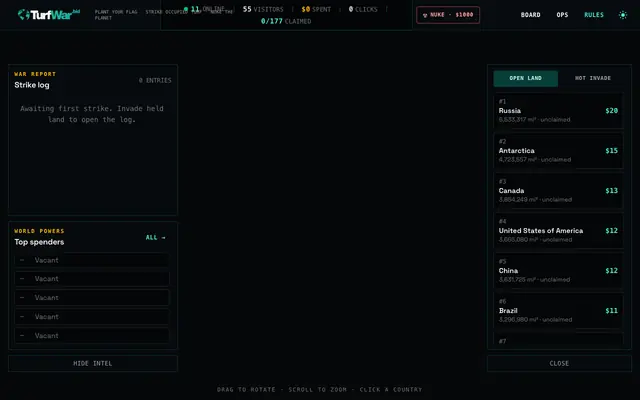 Screenshot of turfwar.bid — pay to put your startup on the map