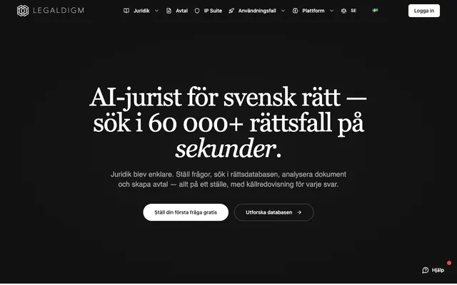 Screenshot of AI-jurist online | Svensk juridisk AI med 56 000+ rättsfall – LEGALDIGM