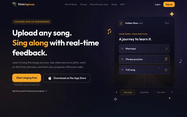 Screenshot of PitchHighway — Upload a song, learn to sing it