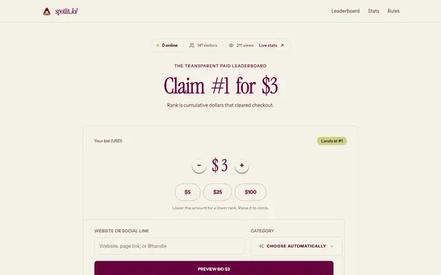 Screenshot of spotlit.lol — the transparent paid leaderboard