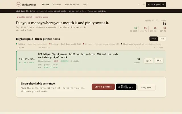 Screenshot of pinkyswear — put your money where your mouth is