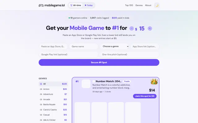Screenshot of mobilegame.lol — Top 100 Mobile Games Leaderboard