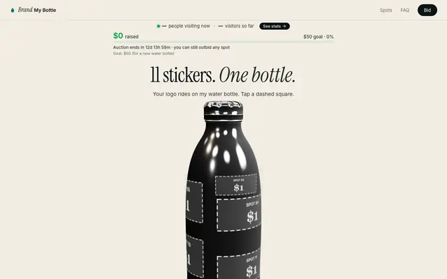 Screenshot of Brand My Bottle — 11 stickers, 1 bottle, live auction
