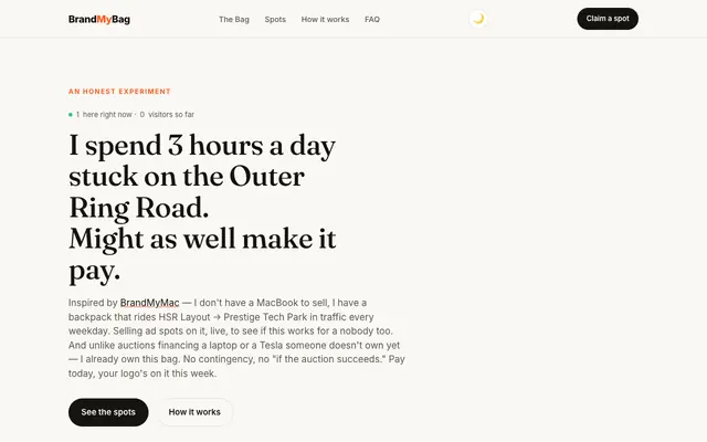 Screenshot of BrandMyBag — ad space on my backpack