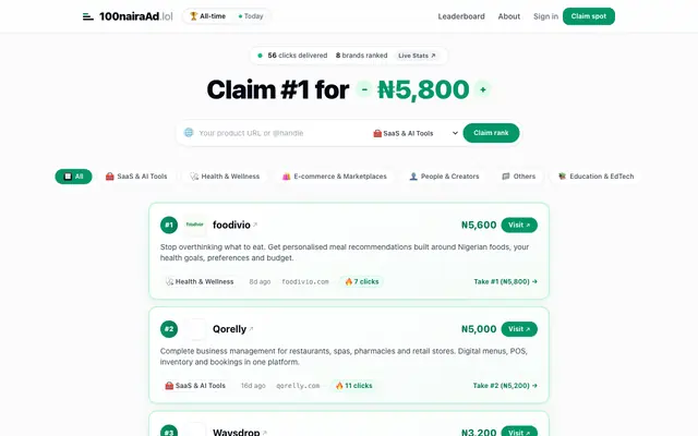 Screenshot of 100nairaad.lol — Pay to rank, priced in Naira