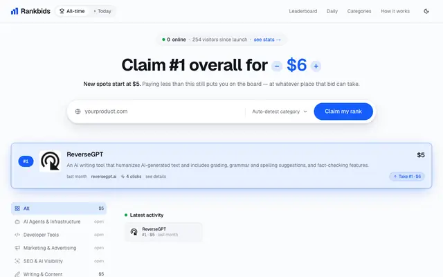 Screenshot of Buy your way to #1 — claim #1 for $6