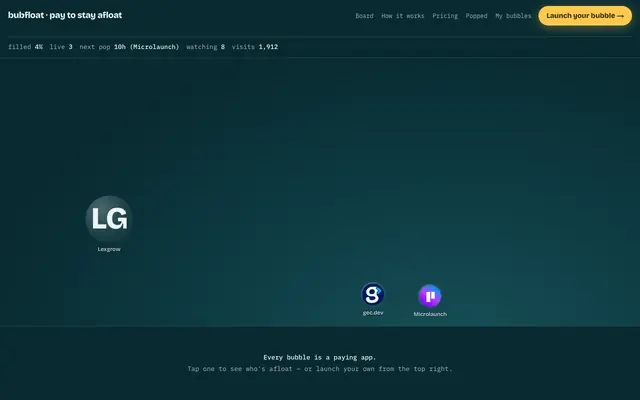 Screenshot of Bubfloat — pay to stay afloat