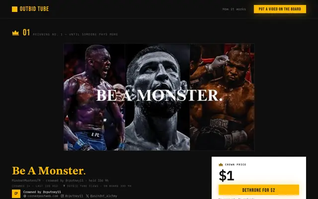 Screenshot of Outbid Tube — crown any video with cash