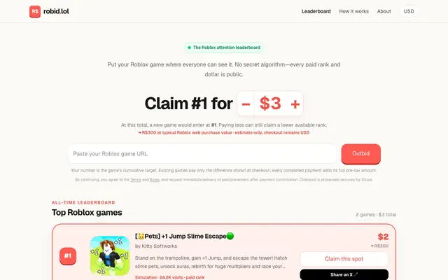 Screenshot of robid.lol — The Roblox attention leaderboard