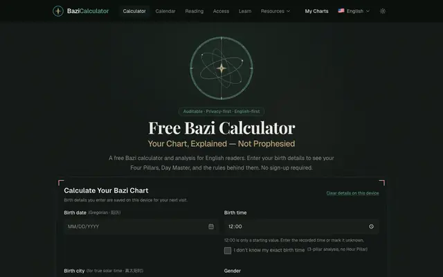 Screenshot of Free Bazi Calculator & Analysis — Decode Your Destiny | BaziCalculator