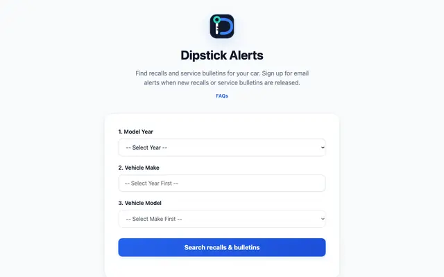 Screenshot of Dipstick Alerts - Manufacturer Service Bulletins & Recall Alerts for U.S. Vehicl
