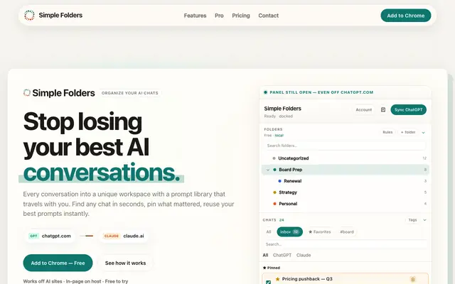 Screenshot of Simple Folders — Organize ChatGPT & Claude
