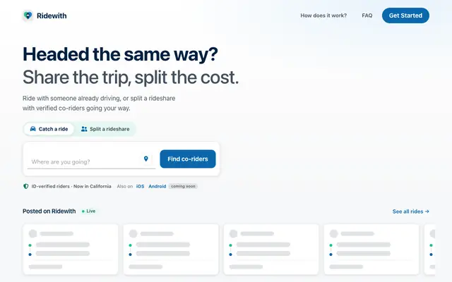 Screenshot of Ridewith | Verified co-riders for shared trips