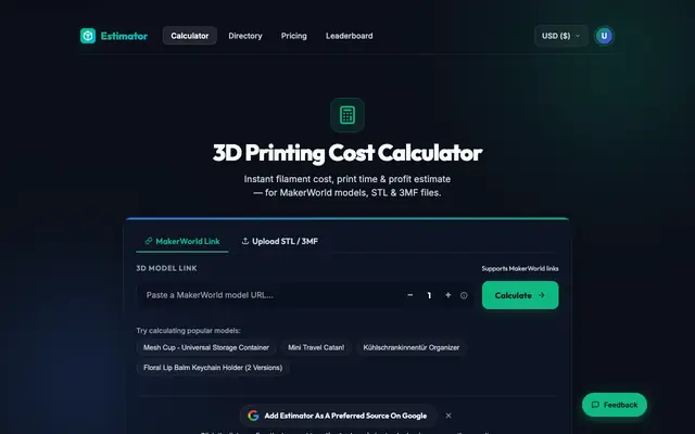 Screenshot of 3D Print Cost Calculator — Instant Estimate for Any MakerWorld Model