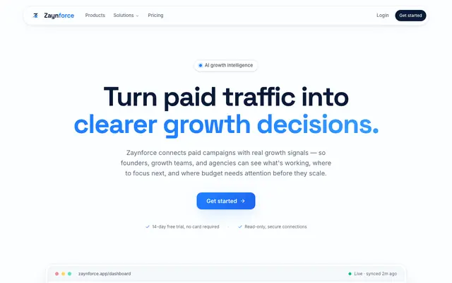 Screenshot of Zaynforce — AI growth intelligence for paid campaigns