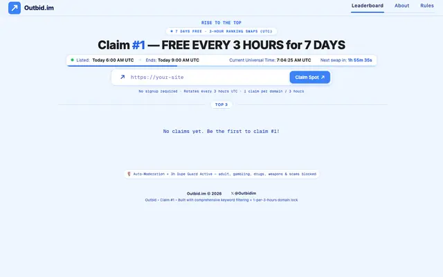 Screenshot of Outbid.im — Claim #1 FREE Every 3 Hours for 7 Days
