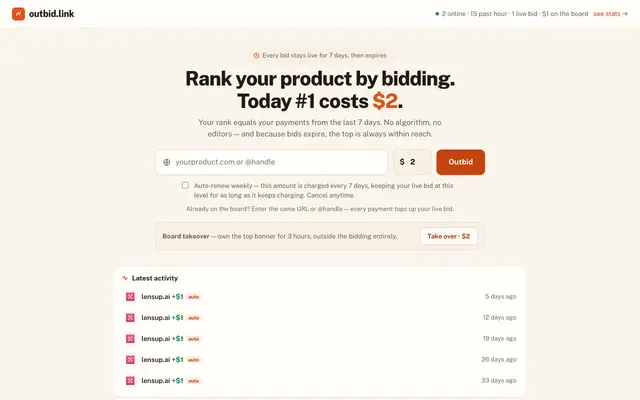Screenshot of outbid.link — the pay-to-rank leaderboard