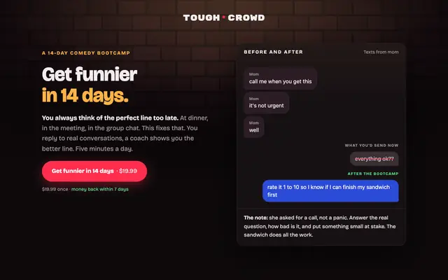 Screenshot of Tough Crowd — Get funnier in 14 days