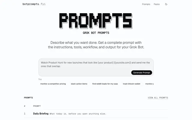 Screenshot of Describe what you want done · BotPrompts