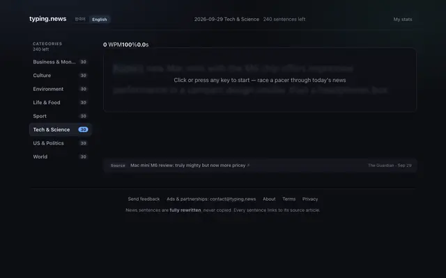 Screenshot of typing.news