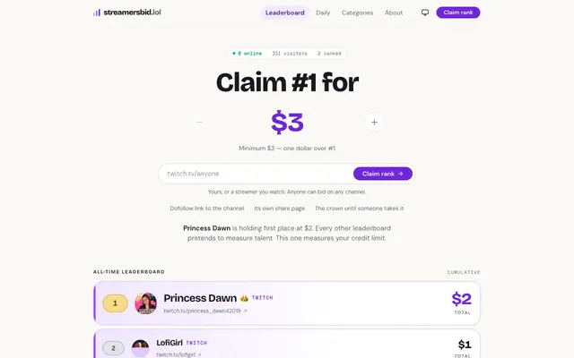 Screenshot of StreamersBid.lol — Pay-to-rank leaderboard for Twitch & Kick