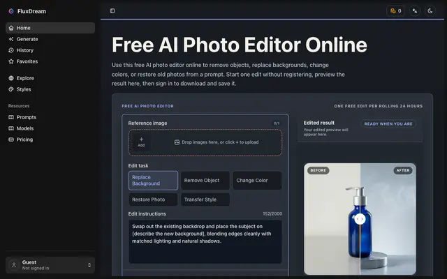 Screenshot of Free AI Photo Editor Online | FluxDream
