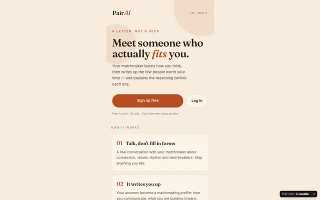Screenshot of PairAI — Meet someone who actually fits you