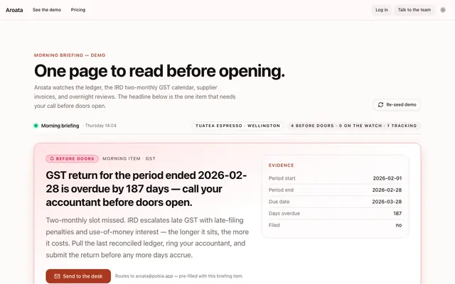 Screenshot of Aroata — NZ overnight ops desk for cafés & small business · Aroata
