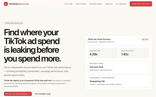 Screenshot of TikTokAdsAgency.com — TikTok Ads Intelligence Platform