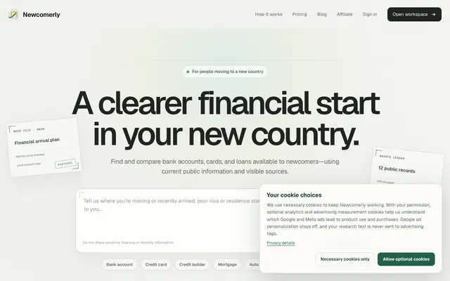 Screenshot of Newcomerly — Financial products for your new country