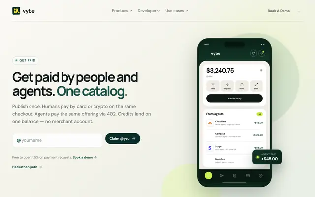 Screenshot of Vybe Collect — get paid by AI agents · Vybe