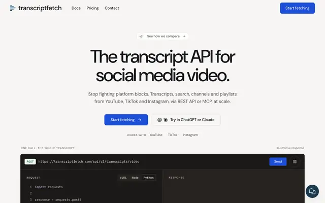 Screenshot of TranscriptFetch: Social Video & Audio to text API for builders