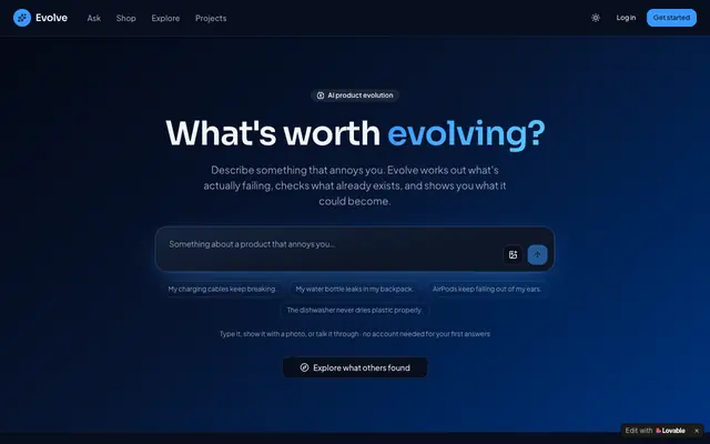 Screenshot of Evolve — AI that discovers what products should become next