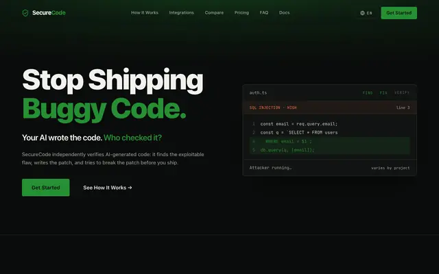 Screenshot of SecureCode — Stop Shipping Buggy Code