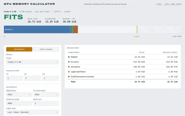 Screenshot of GPU Memory Calculator