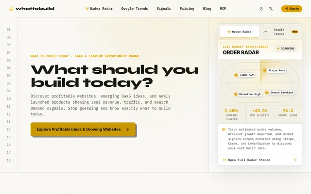 Screenshot of whattobuild.today - 发现高潜 SaaS 创业项目与赚钱网站 | 独立开发商业机会雷达