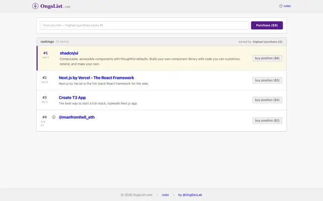 Screenshot of OngsList.com — Post any link. Highest purchase ranks #1.