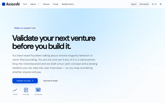 Screenshot of AxionAI - Turn a trend keyword into a validated concept