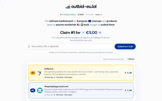 Screenshot of outbid-eu.lol | European Startup & Challenger Leaderboard