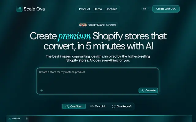 Screenshot of Create your Shopify store with AI | Scale Ova