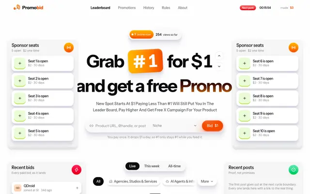 Screenshot of PromoBid — the top spot costs $1 right now
