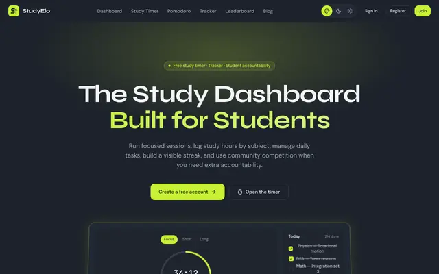 Screenshot of StudyElo – Free Study Timer, Pomodoro & Study Tracker for Students