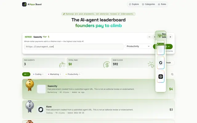 Screenshot of AI Apps Board — Paid AI agent leaderboard