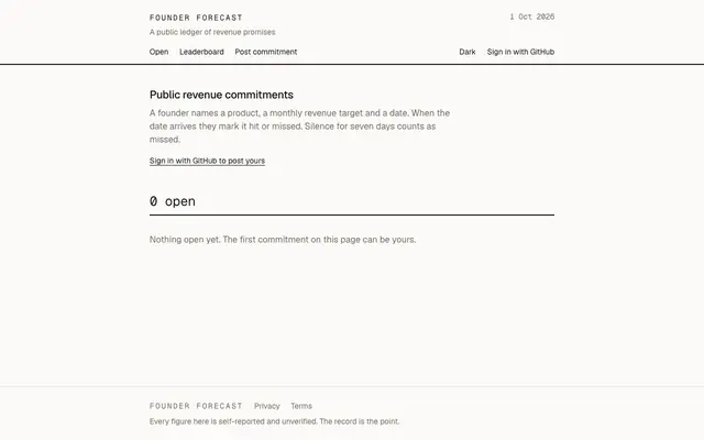 Screenshot of Founder Forecast — public revenue commitments